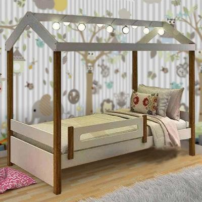 Cama Solteiro Casa Eliz com Led Estrutura MDF Branco com Grade e Colunas em Madeira Pinus