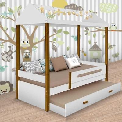 Cama Solteiro Casa Sara com Auxiliar e LED MDF Branco Sara Enxovais
