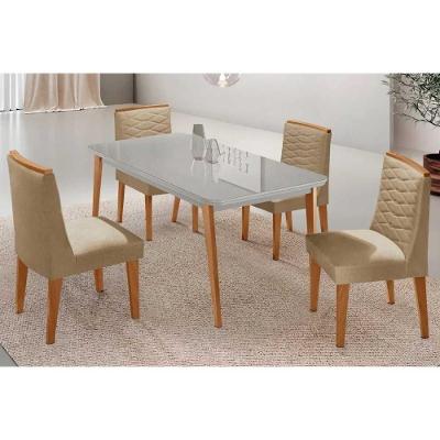 Conjunto de Jantar Havana Curvo 4 Lugares Tampo em MDF com Vidro Naturale Off White Capuccino Linho