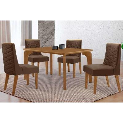 Conjunto Mesa Londrina Curvo 120cm 4 Cadeiras Dafne Naturale MDF Suede Marrom Móveis Rufato