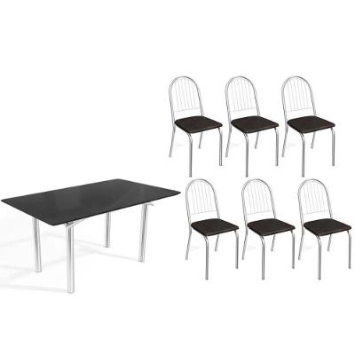 Conjunto de Jantar Elba 6 Lugares Mesa Tampo Madeirado com Vidro e Cadeiras Noruega Preto Kappesberg