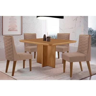 Conjunto Mesa Berlim 4 Cadeiras Dafne Tampo MDF Curvo Marrom 90cm Capuccino Móveis Rufato