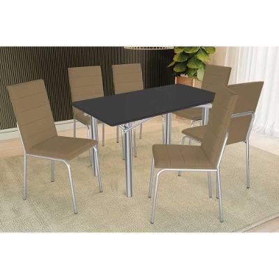 Conjunto de Jantar Elba M004 6 Lugares Tampo em MDF com Vidro Cromada-preto Corano Capuccino