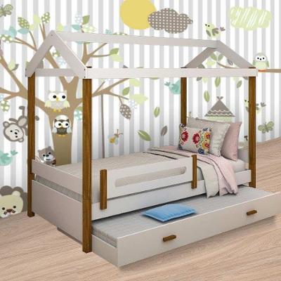 Cama com Auxiliar Solteiro Eliz em MDF Branco com 2 Colchões