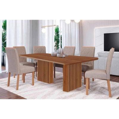 Conjunto de Jantar Ester 6 Lugares Tampo Madeirado Cinamomo Carvalho Linho Bege 180x90cm Cimol
