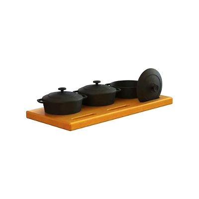 Conjunto 03 Panelinhas 0,5L 93878LB para Servir Porcoes em Ferro Fundido com Aparador Madeira