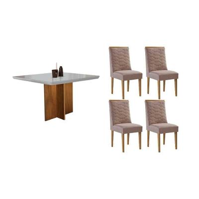 Conjunto de Jantar Berlim 4 Lugares Tampo MDF com Cadeiras Naturale-off White Mesa 90cm Móveis