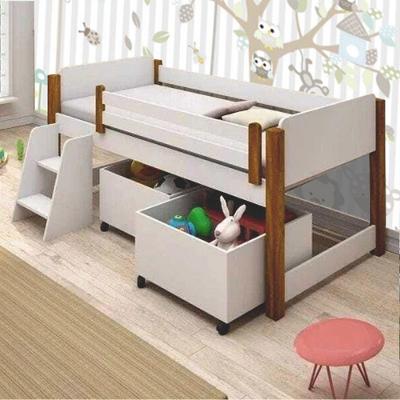 Cama Solteiro Naty com Nichos e Escadinha em MDF Branco e Mel Naty Flora Cosméticos