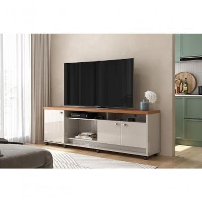 Bancada para TV Napoli 183cm MDP com Rodízios e Nichos Off White Perolizado e Jequitiba Lukaliam