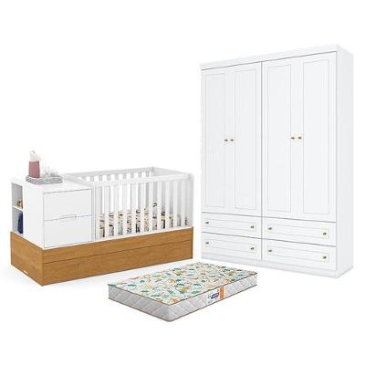 Berco Multifuncional Formare com Guarda Roupa 4 Portas 4 Gavetas MDF e MDP Branco Freijo Matic