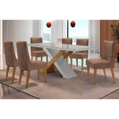 Conjunto de Jantar Mesa Imperatriz Curvo 180cm 6 Cadeiras Maldivas Tampo em MDF e Vidro Naturale Off