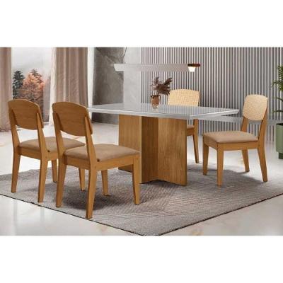 Conjunto de Jantar Berlim Curvo 4 Lugares Tampo em MDF com Vidro Linho Bege Móveis Rufato