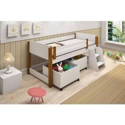 Cama Solteiro Naty com Baús em MDF Branco Mel Divaloto Móveis
