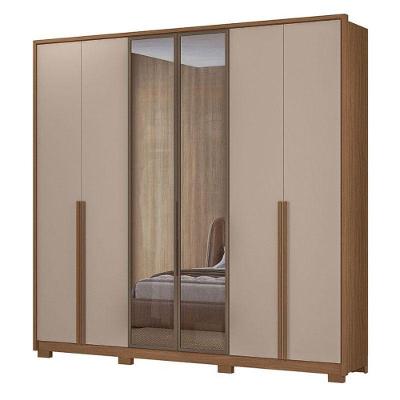 Guarda Roupa Casal Atacama 6 Portas 4 Gavetas MDP Vidro Reflecta LED Carvalho-Fendi Moval Móveis