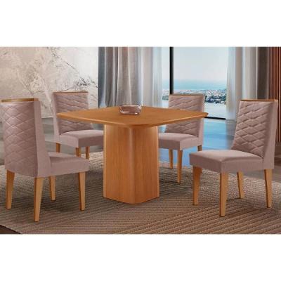 Conjunto de Jantar Maldivas 4 Lugares Tampo MDF Madeirado Canto Curvo Marrom 90x90cm Móveis Rufato