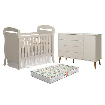 Berço Americano Danny com Cômoda Elfe Retrô MDF com Colchão Gazin Areia Acetinado Reller Móveis