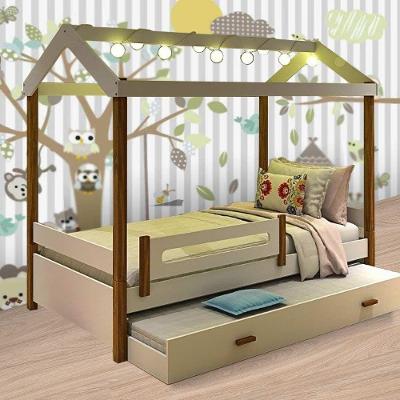 Cama com Auxiliar Solteiro Eliz com Led em MDF Branco para Quarto Juvenil