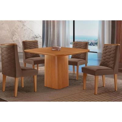Conjunto de Jantar Maldivas 4 Lugares Tampo MDF 90cm com Cadeiras Suede Marrom Móveis Rufato