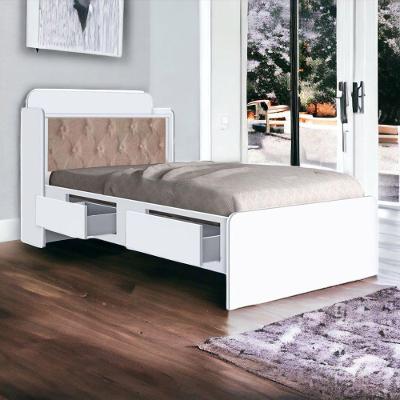 Cama Box Solteiro Tamires Baú com Gavetas e Colchão Branco com Capitonê Bege