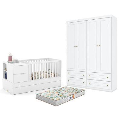 Conjunto Berço Multifuncional Formare e Guarda Roupa 4 Portas 4 Gavetas MDF-MDP 193cm Branco Matic