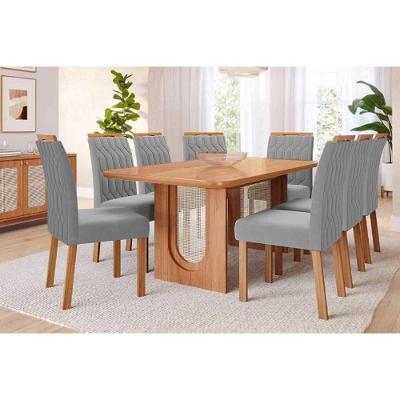Conjunto Sala de Jantar Valentina 8 Lugares Tampo MDF Carvalho Linho Grafite Cimol Móveis