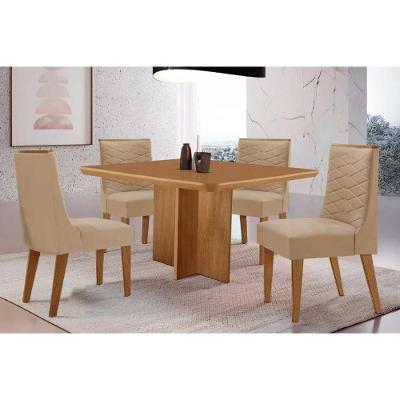 Sala Jantar Mesa Berlim Curvo 4 Lugares MDF Bege 90cm Móveis Rufato