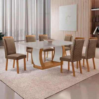 Conjunto de Jantar Milena 6 Lugares MDF Vidro com Cadeiras Lorena Veludo Off White Moderna