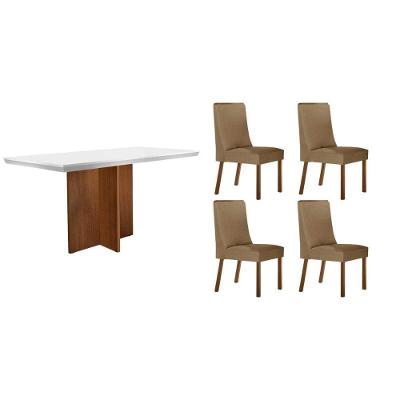 Conjunto de Jantar Berlim Curvo 4 Lugares Tampo em MDF e Vidro Bege Mesa 120cm Móveis Rufato