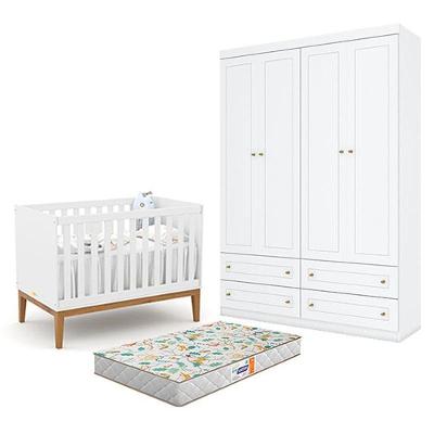 Conjunto Infantil Berço Unique e Guarda Roupa 4 Portas 4 Gavetas MDF e MDP Branco Soft Eco Wood