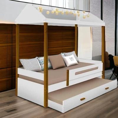 Cama Solteiro Casa Lara com Cama Auxiliar e LED MDF MDP Branco