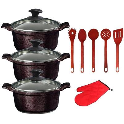 Jogo de Panelas AA1 Caçarola Alumínio Fundido Cerâmico 26cm 28cm 30cm com Talher Vermelho Javali