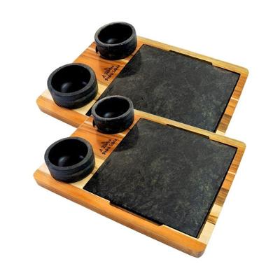 Kit 2 Tábuas 4 Molheiras em Pedra Sabão Suporte g Antiaderente para Churrasco Cinza Industria São