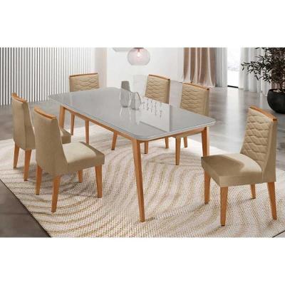 Conjunto de Jantar Havana 6 Lugares Tampo em MDF e Vidro Naturale-off White Linho Bege Móveis Rufato