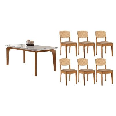 Conjunto de Jantar Londrina 6 Lugares Tampo em MDF com Vidro Curvo Naturale Off White Linho Bege