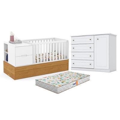 Berço Multifuncional Americano Formare MDF com Cômoda e Colchão Incluso Branco Freijó Matic Móveis