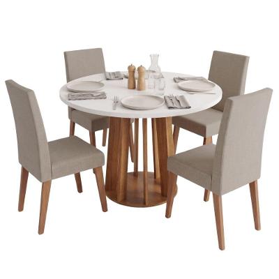 Conjunto Sala de Jantar Veneza Mesa Redonda 0,90m 4 Cadeiras Milano Tampo MDF Amadeirado Bege Viero