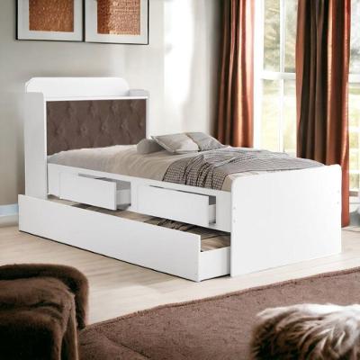 Cama Baú Solteiro Tamires com Auxiliar e Capitonê Nogal Madeira Branco Vj Móveis