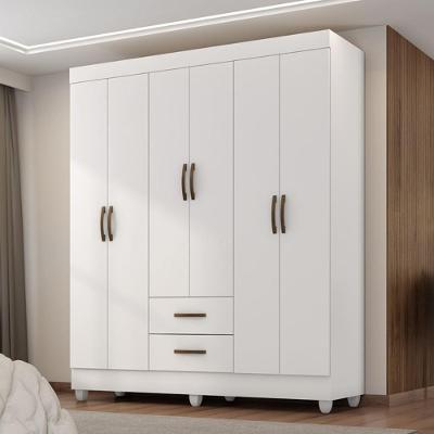 Roupeiro Casal Lite 6 Portas de Bater 2 Gavetas MDP Branco Brilho Móveis Leão