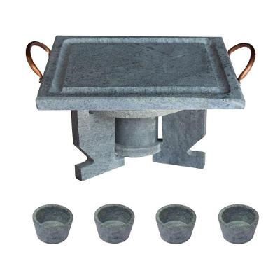 Fogareiro FOG.G+003+4x005-INDSJ para Fondue e Carnes Pedra Sabao com Chapa 25x25cm e Molheiras