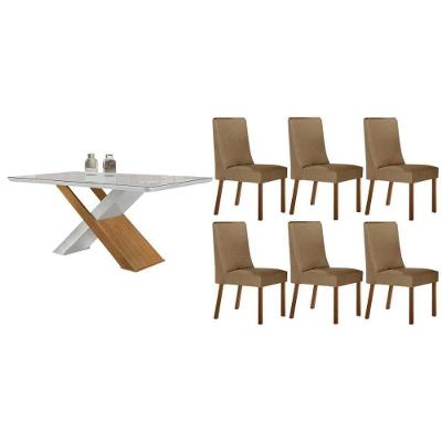 Conjunto de Jantar Imperatriz Curvo 6 Lugares Tampo em MDF e Vidro Linho Bege 180cm Móveis Rufato