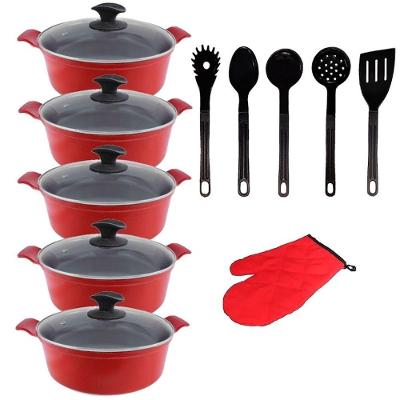 Conjunto de Panelas AA1 Caçarola Alumínio Cerâmica Vermelho 16a24cm com Talheres Javali