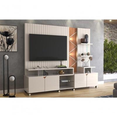 Home Painel para TV 55 Home Cross Frisado 210cm MDP com LED Off White Perolizado e Jequitiba