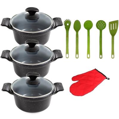 Jogo de Panelas AA1 Caçarola Alumínio Preto Liso Revestimento Cerâmico 26cm 28cm 30cm Javali