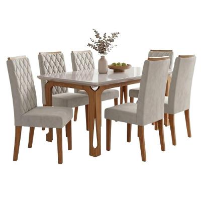 Conjunto de Jantar Nadine Bele 6 Lugares Tampo MDF com Vidro Madeirado e Bege Mesa 160cm Viero