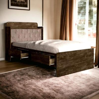 Cama Baú Solteiro Tamires com Colchão e Capitonê Bege Estrutura Madeira Castanho Vj Móveis