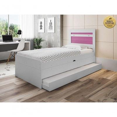 Cama Baú Solteiro 0,88 Larissa com Auxiliar em MDF Branco Rosa Framar