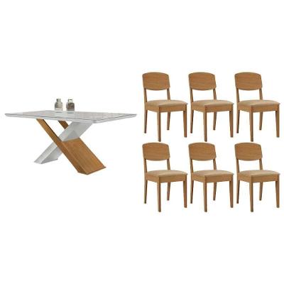 Conjunto de Jantar Imperatriz Curvo Havana 6 Lugares Tampo em MDF e Vidro Bege 180cm Móveis Rufato