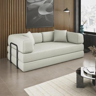 Sofá Cama Compactair 2 Lugares 168cm Bege Boucle Colchão Puff Sala Balaqui Decor