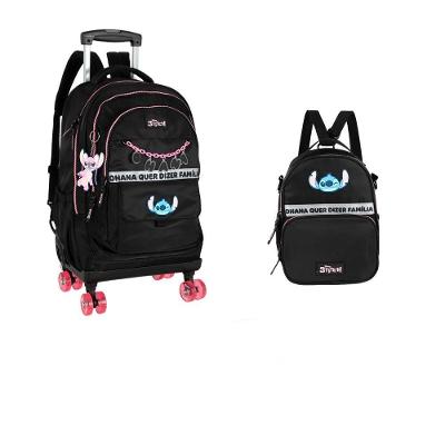 Kit Mochila Rodinha e Lancheira Luxcel Stitch Ohana Disney Náilon Preto Escolar Infantil