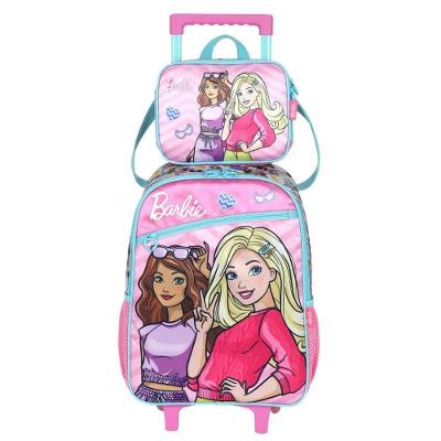Kit Mochila Rodinha e Lancheira Infantil Barbie Luxcel Poliéster Rosa Menina